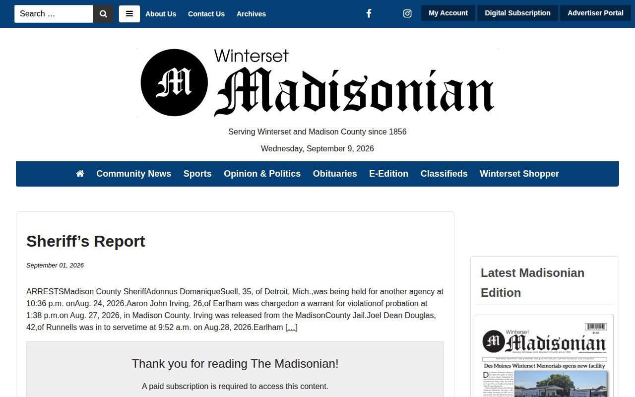 Winterset Madisonian text Madison County sheriff report