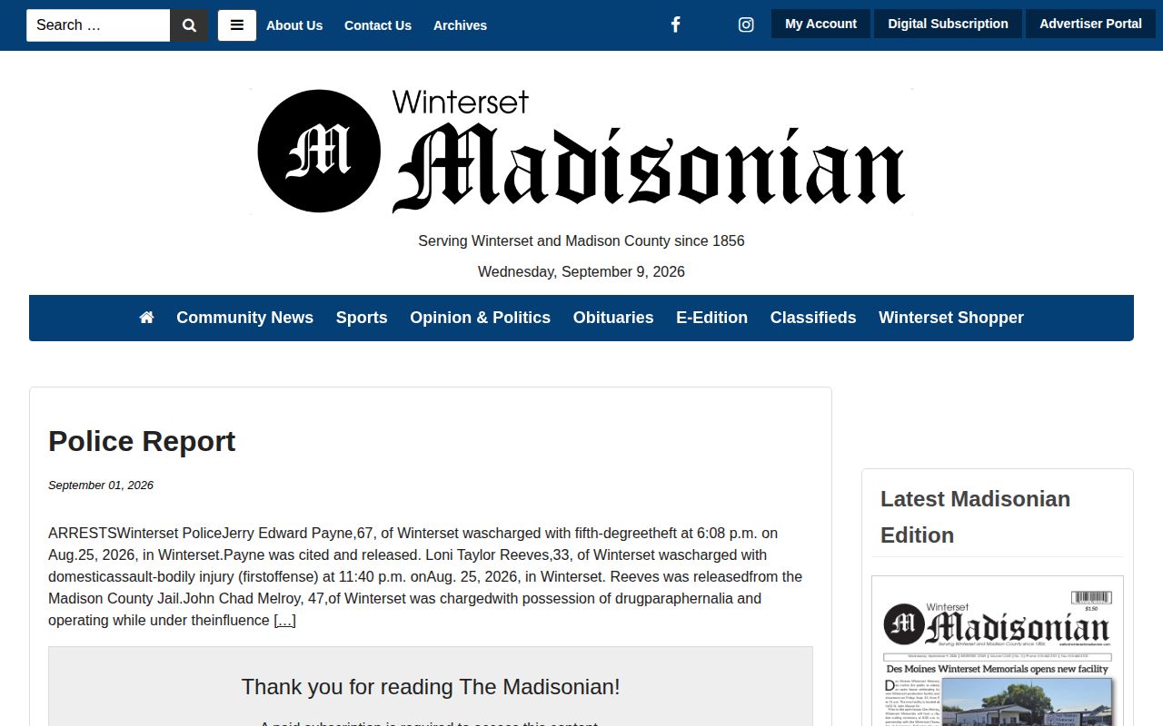 Winterset Madisonian Police Report page with local arrest and activity reporting