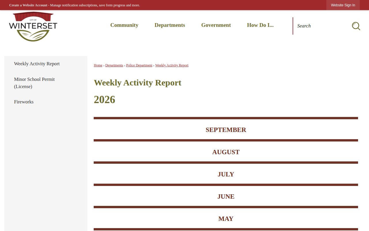 Winterset official Weekly Activity Report archive with dated report links