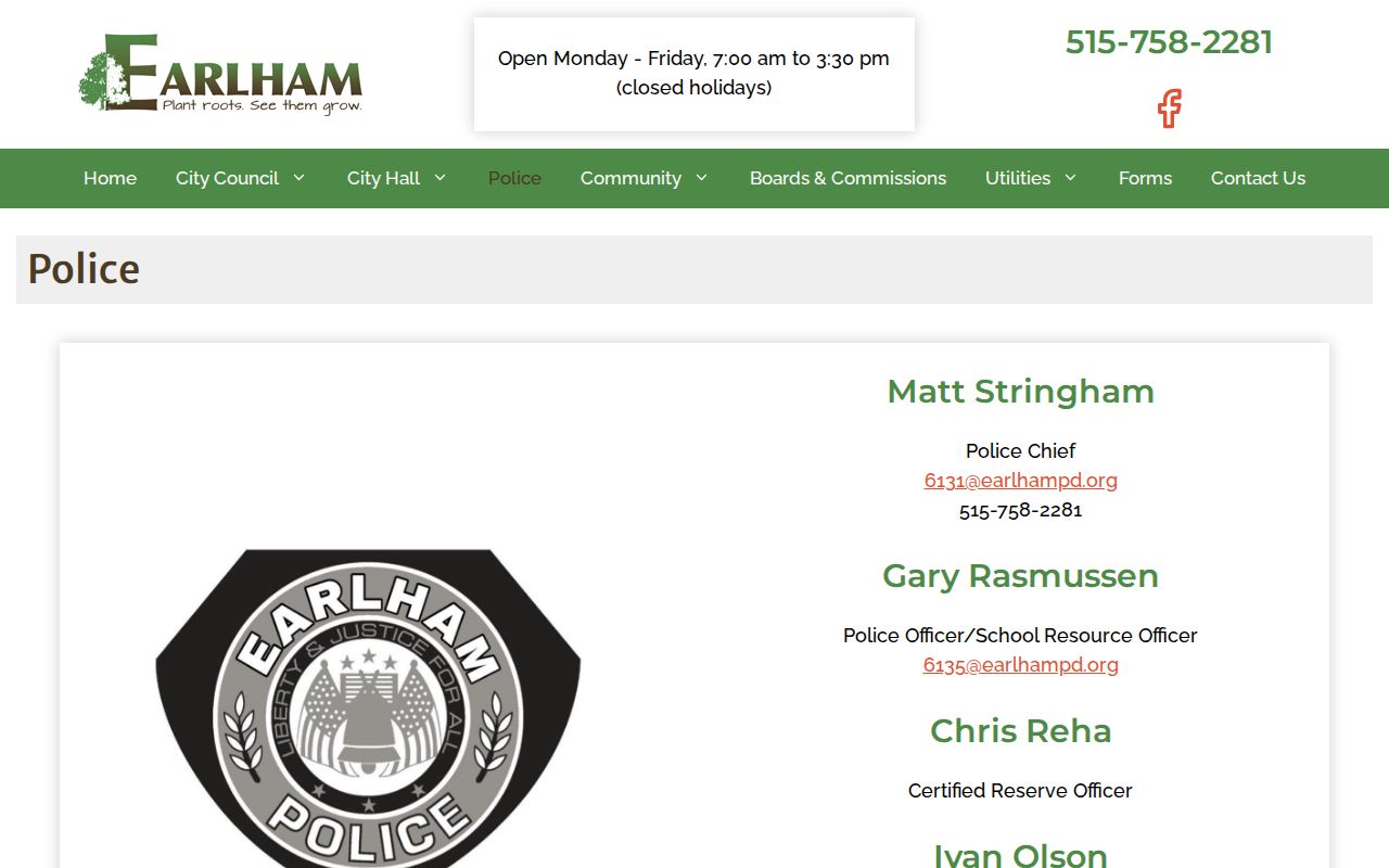 Earlham Police Department source with no dedicated arrest log