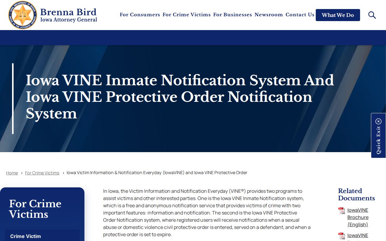 Iowa Attorney General IowaVINE page explaining jail and prison custody notifications