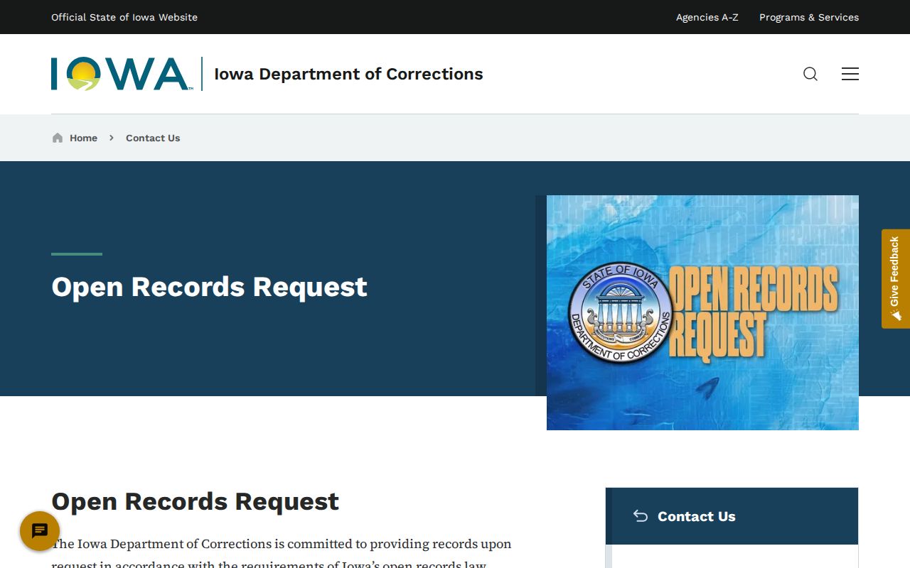 Iowa Department of Corrections open records request page